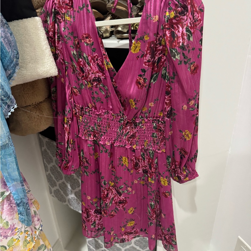 Wayf Pink Bishop Sleeve V-Neck Sundress